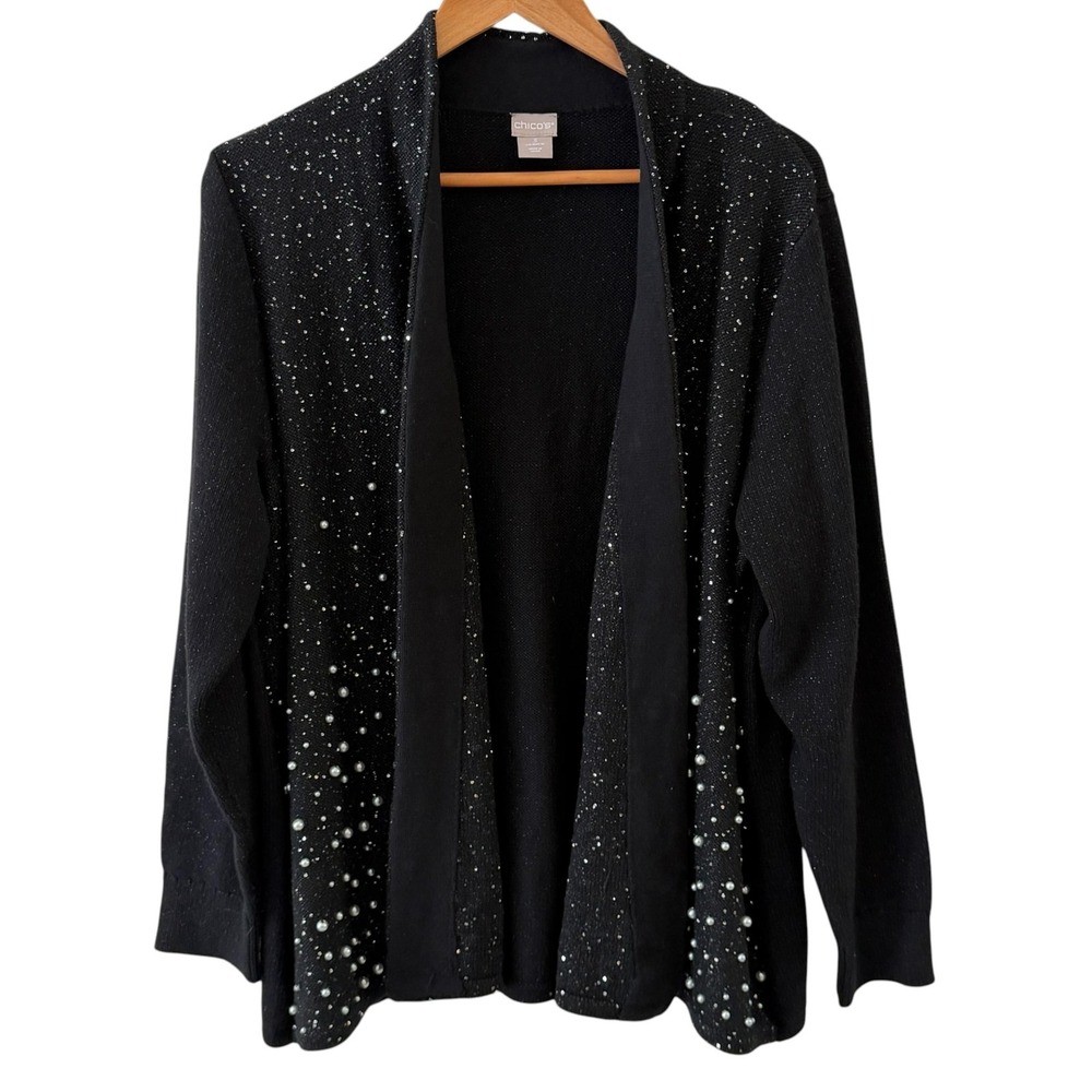 Chicos Sequin Beaded Open Cardigan Sweater Womens 3/XL Black Party Holiday